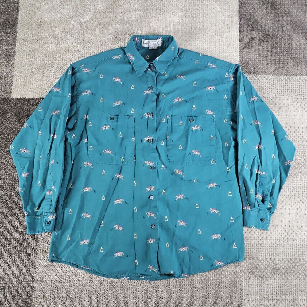 Vintage Gap Clothing Co Equestrian AOP Horse Button Up Shirt Womens Size M Green